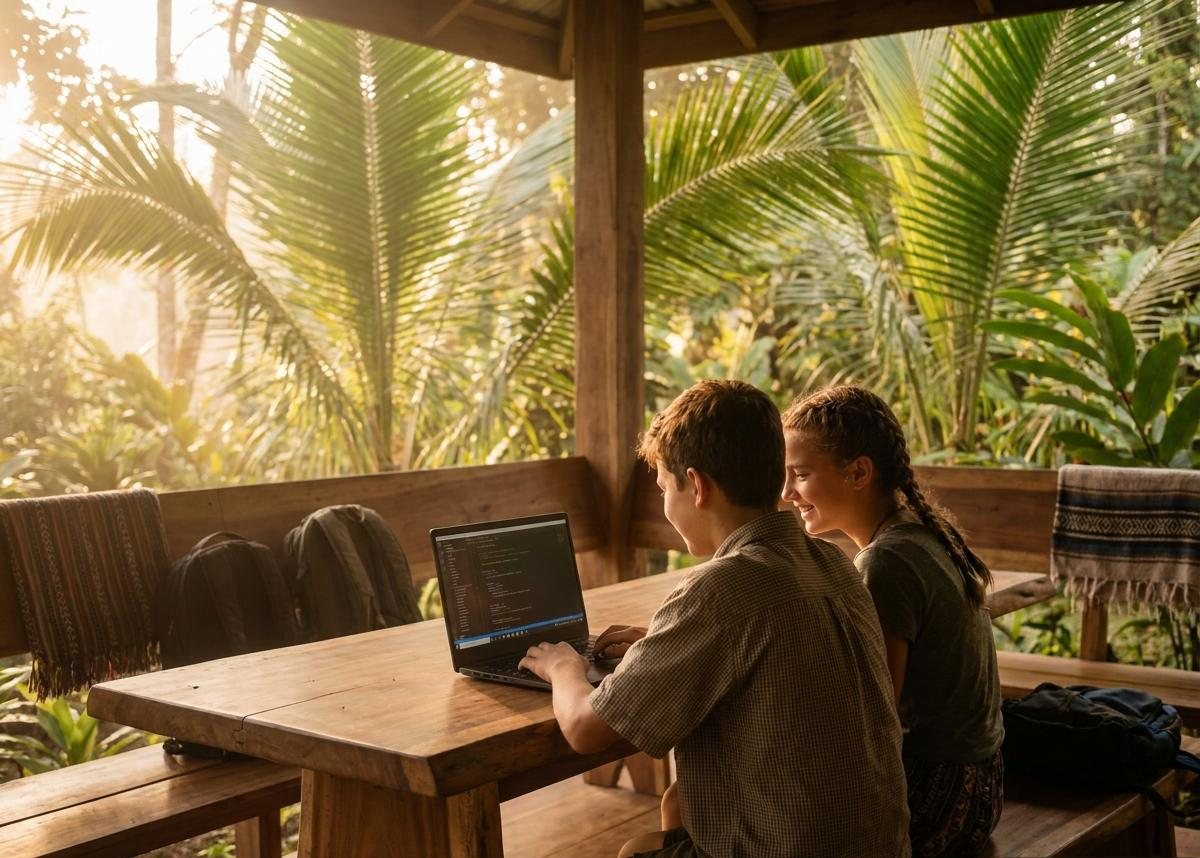 Young makers working together on a laptop in the Osa jungle